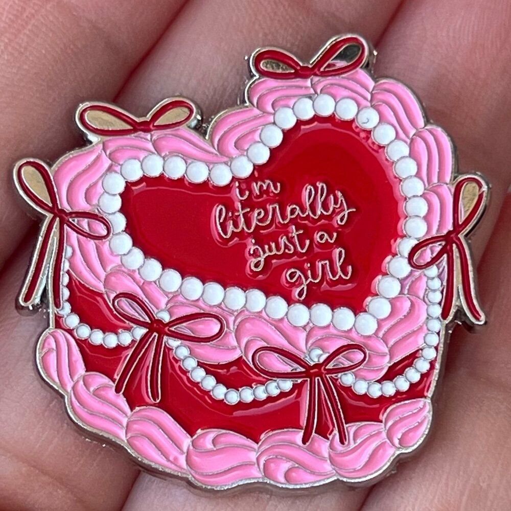 Vintage Pink Bow Heart Cake I’m Literally Just a Girl Red and Pink Icing Pin